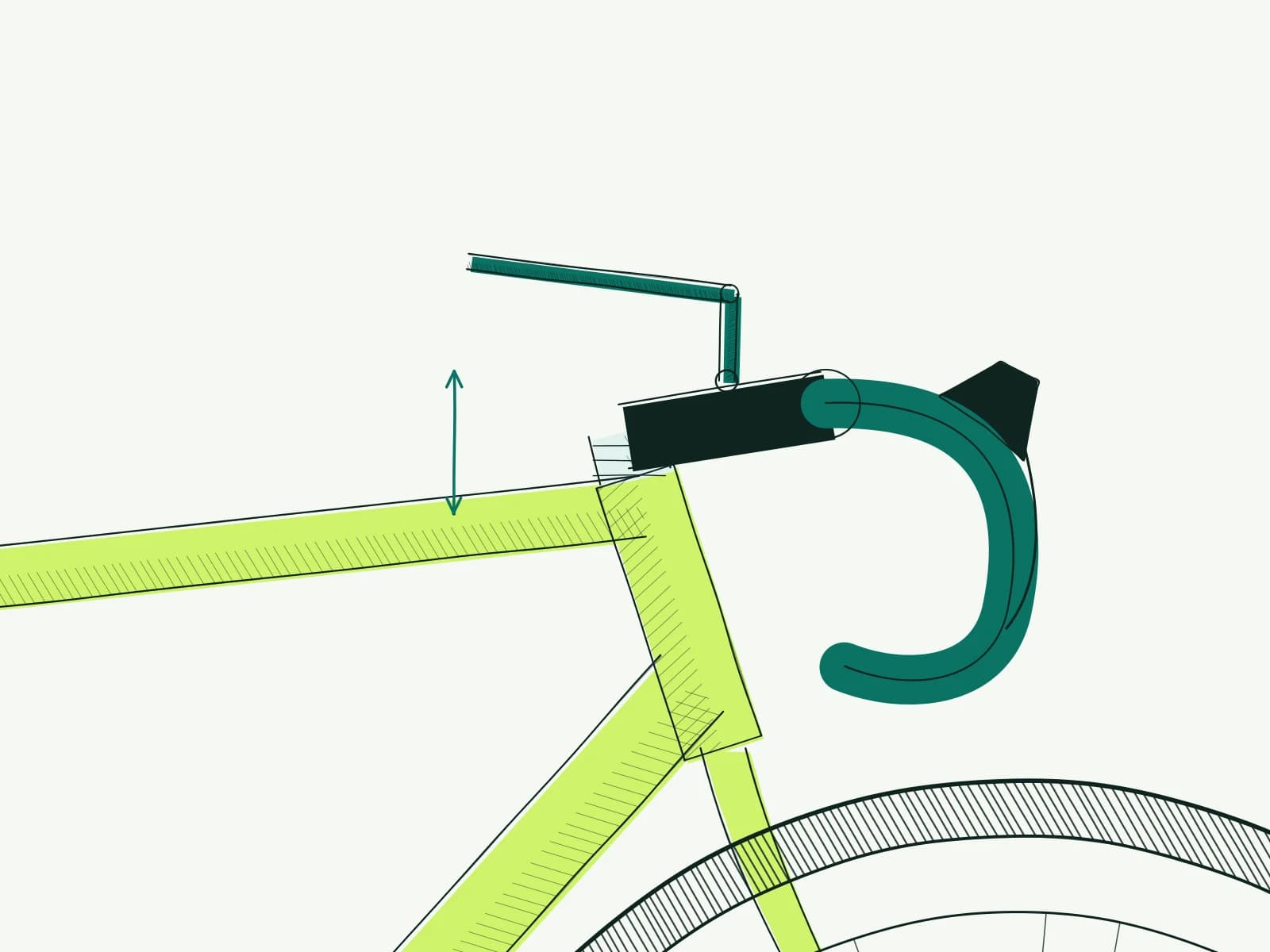 Road-bike handlebar and stem with an Allen key and an arrow indicating height adjustment.