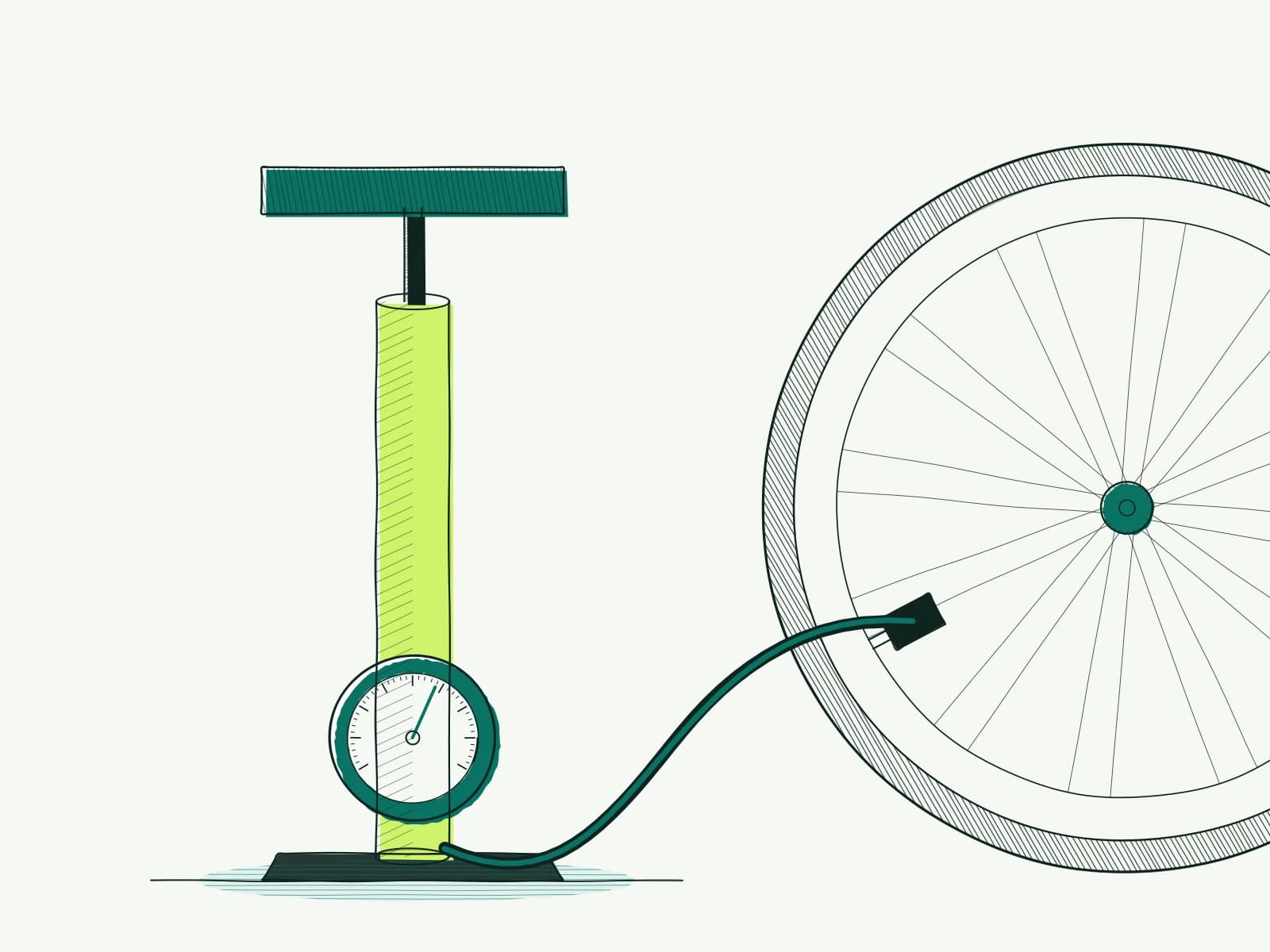 Pen drawing of a bicycle tire and pressure gauge