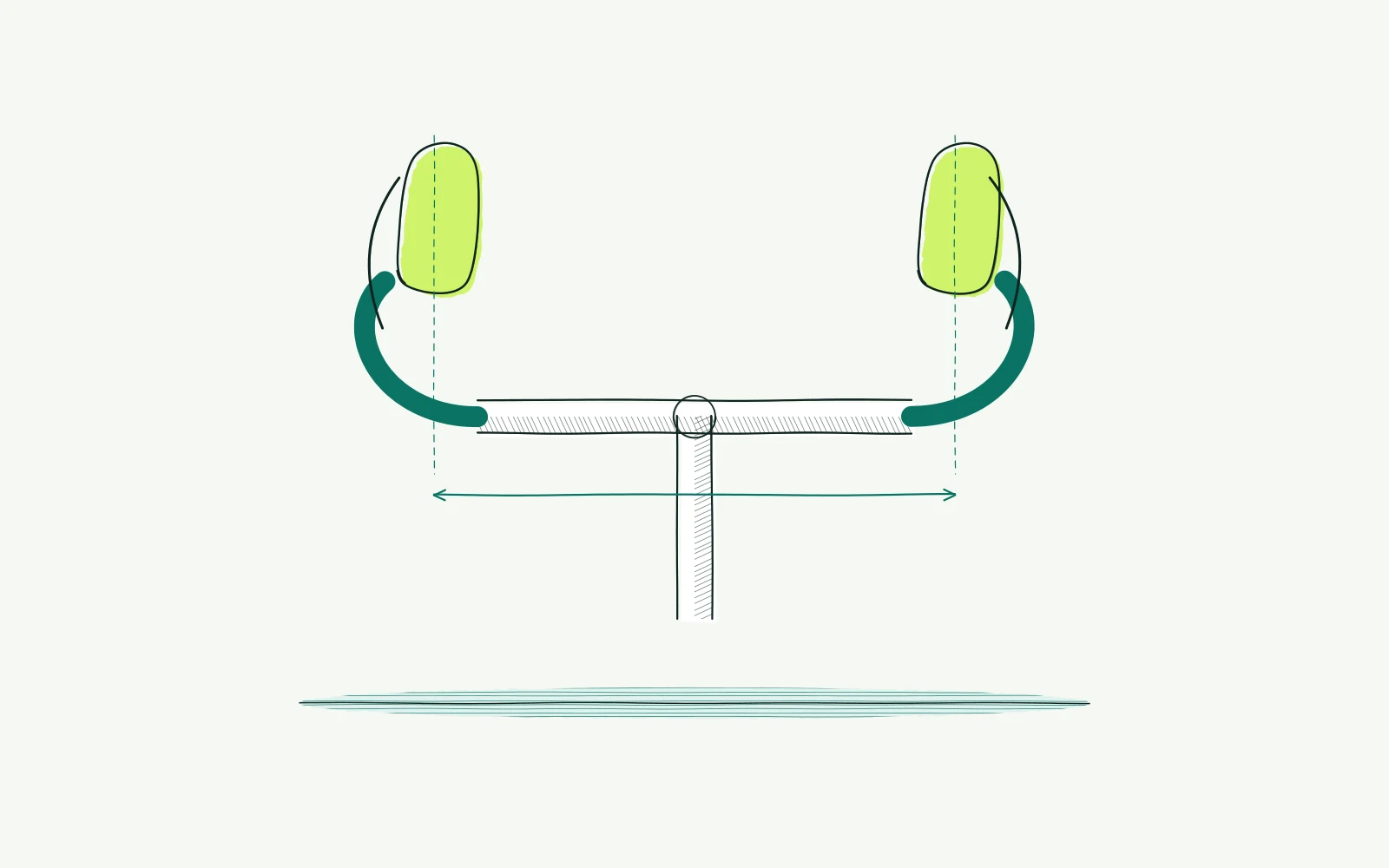 Top view of a road handlebar with symmetrical brake hoods and a measurement arrow between the hand positions.
