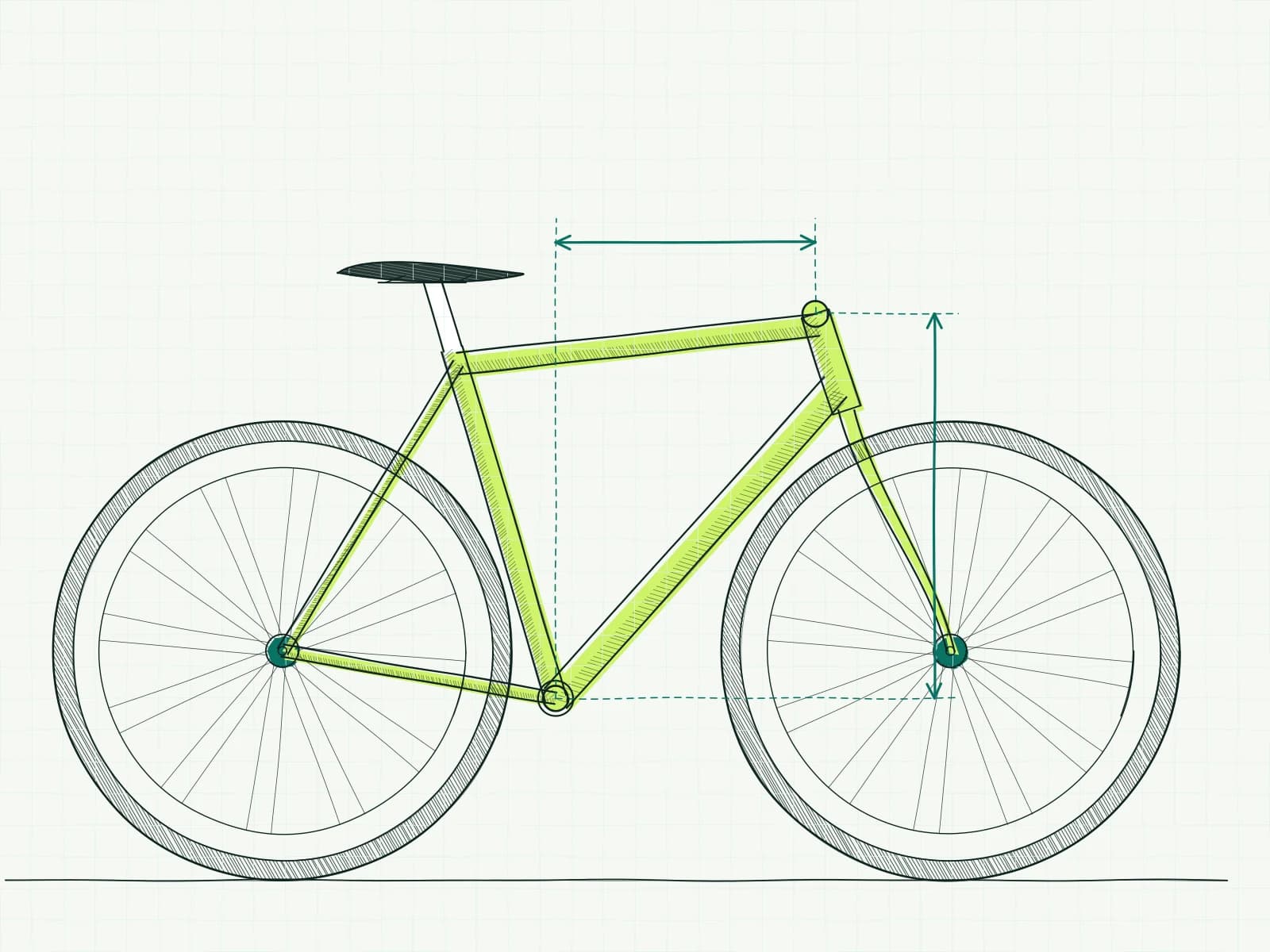 Bike frame with a vertical arrow for stack and a horizontal arrow for reach, measured from the bottom bracket to the top of the head tube.