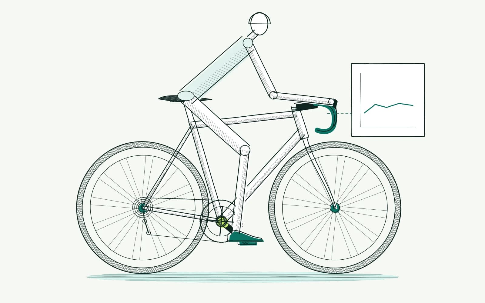 Cyclist with a highlighted power meter near the bottom bracket and a steady effort curve beside the handlebars.