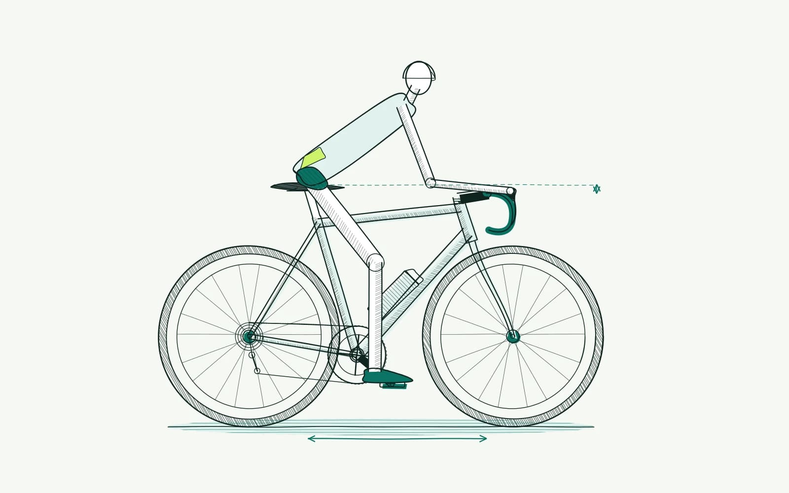 Rider's pelvis and lower back in side view, with two dimension arrows showing handlebar height difference and reach.