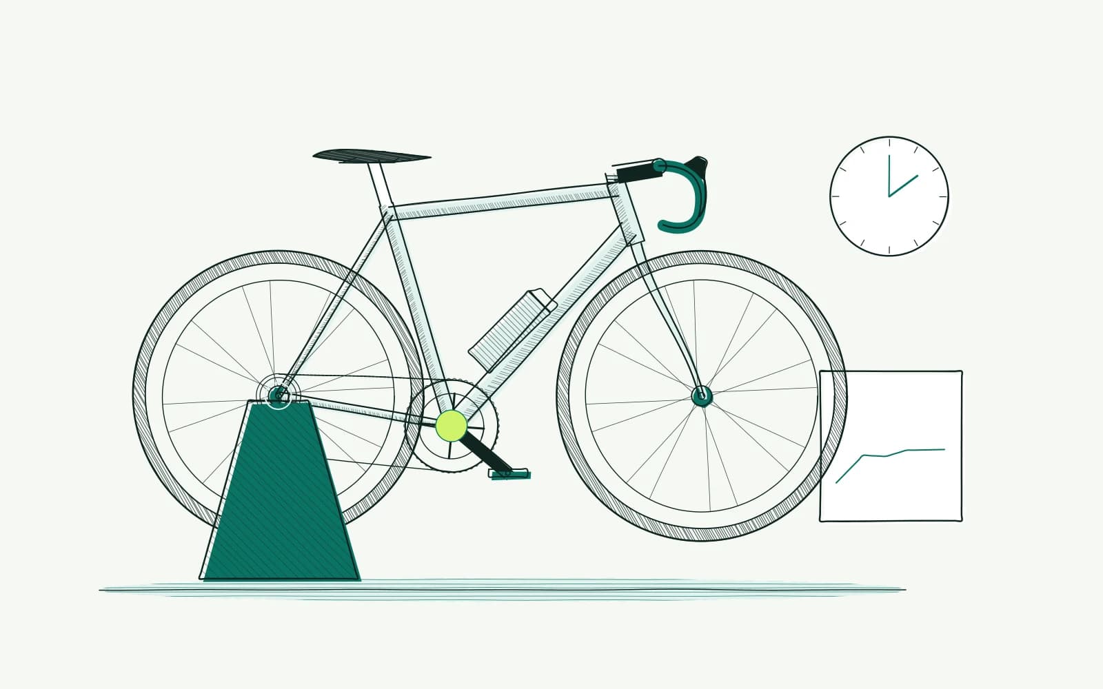 Bike on an indoor trainer with a power meter and clock: recording power and test duration without a performance label.