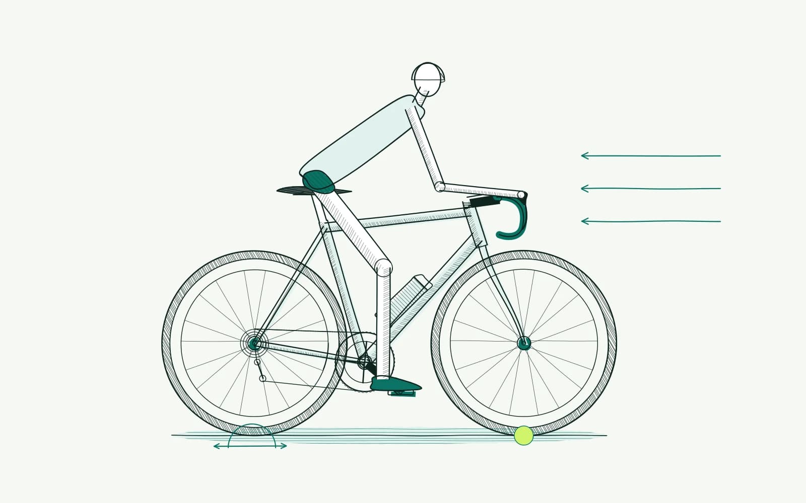 Cyclist with headwind arrows and highlighted tyre contact: air and rolling resistance influence speed at a given power.