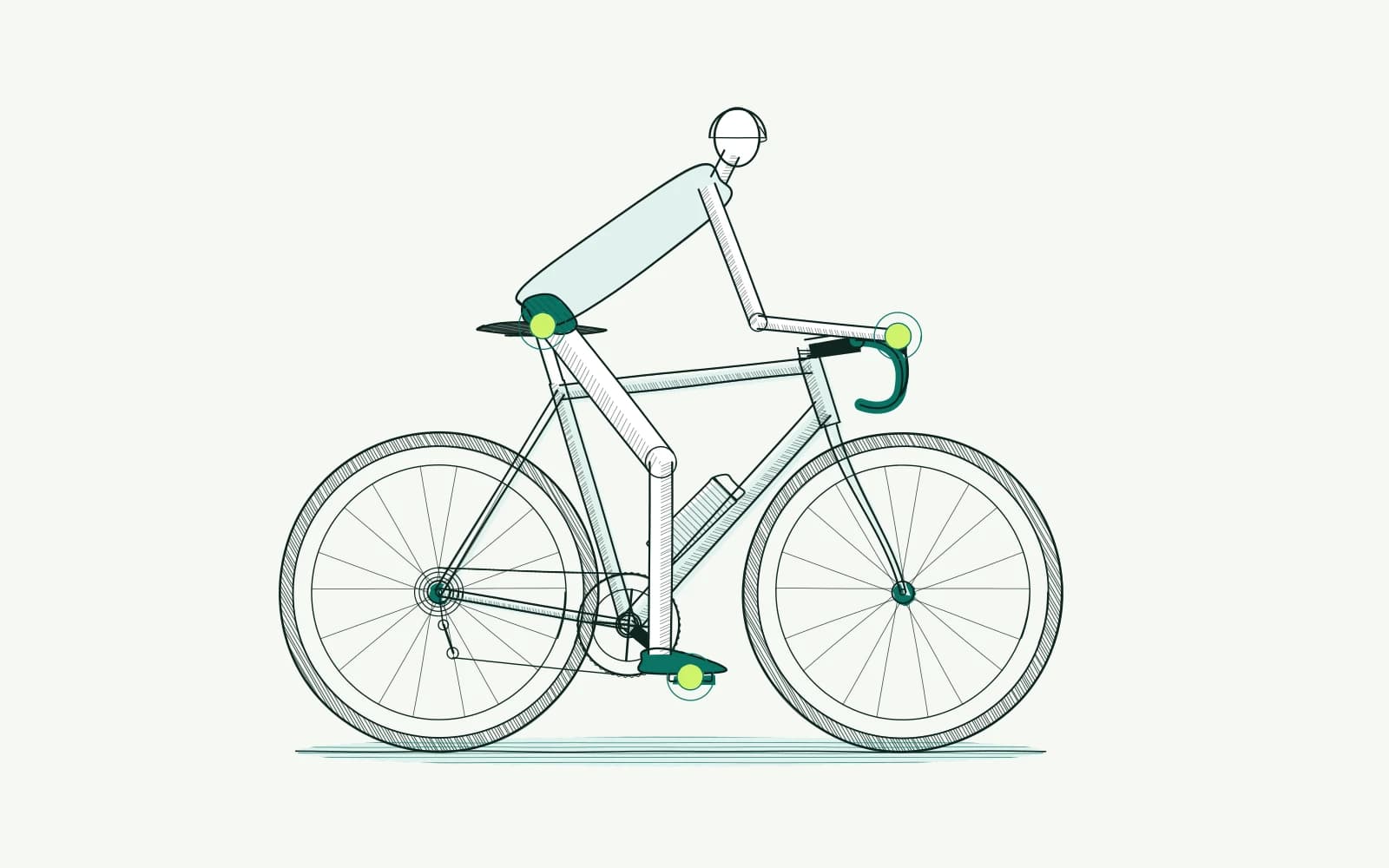 Rider on a road bike with saddle, brake hoods and pedals highlighted as three connected contact points.