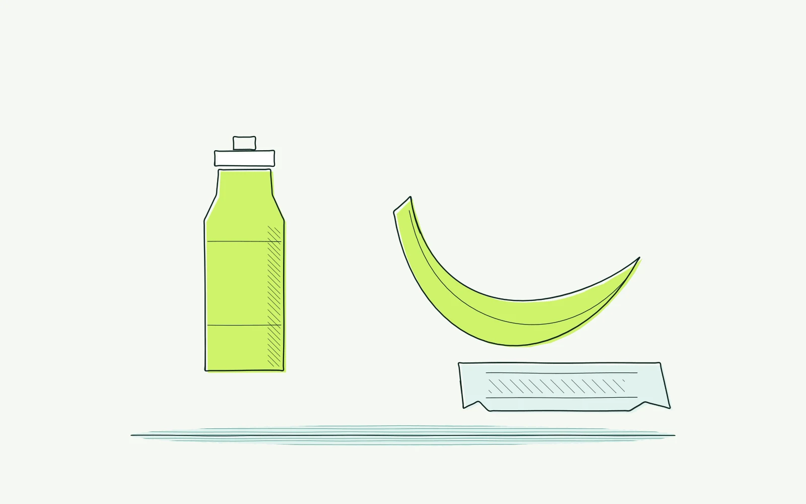 Bottle beside a banana and wrapped food bar, showing drinks and fuel as separate parts of a ride plan.