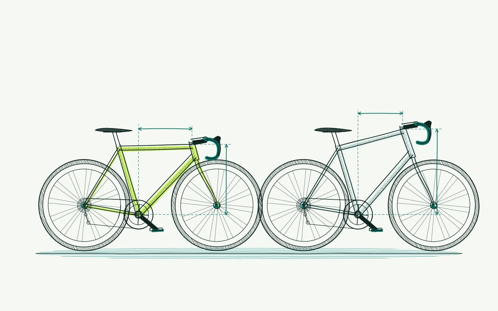 Two bikes with different front ends side by side; dimension arrows compare stack and reach from the bottom bracket.