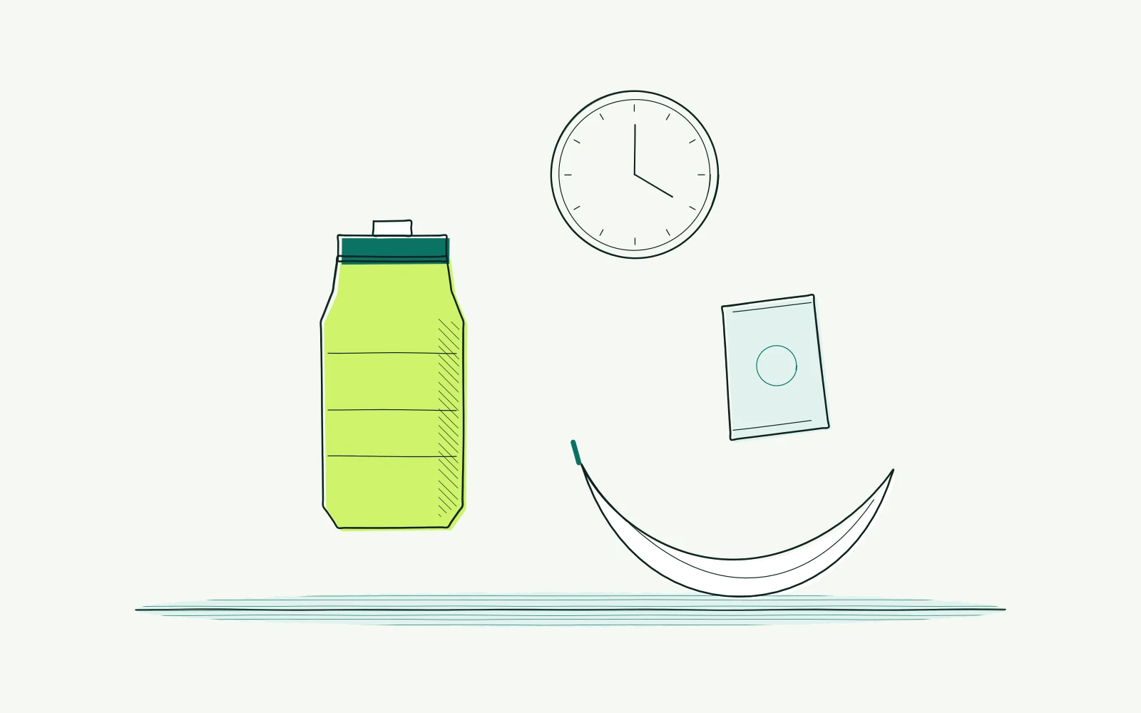 Bottle, banana and food packet beside a clock: carbohydrate planning involves both quantity and time.