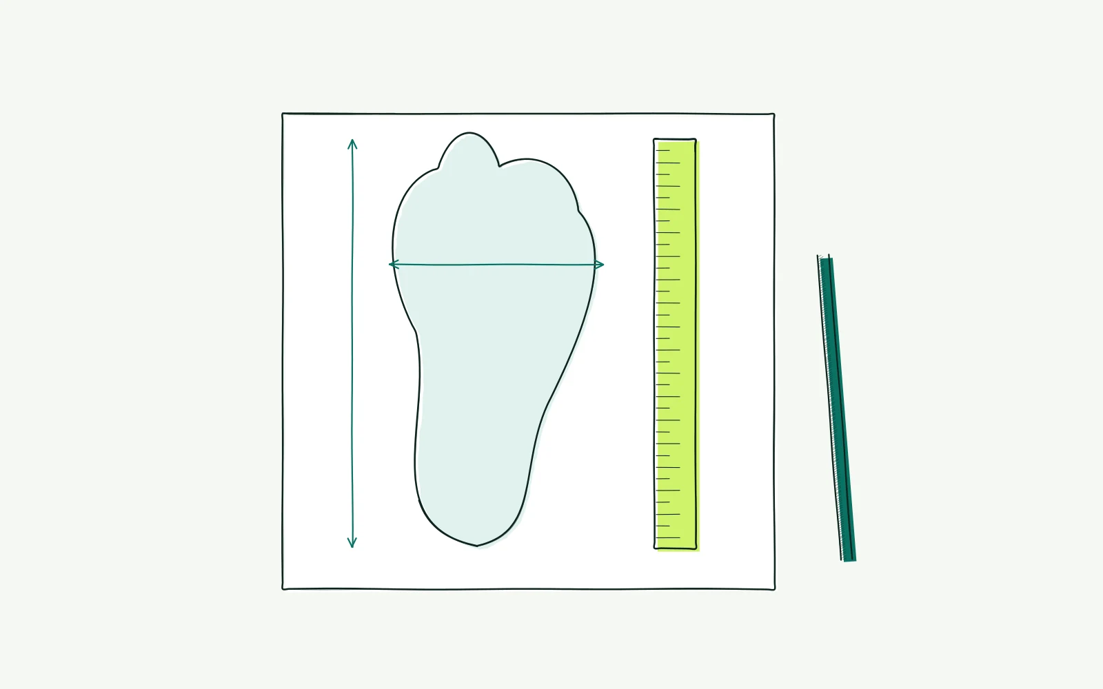 Foot outline on paper with length and width arrows beside a ruler for comparing cycling shoe measurements.