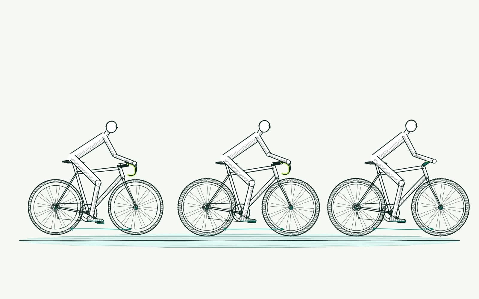 Three riding positions with different bar heights and contact points for road, gravel and mountain biking.